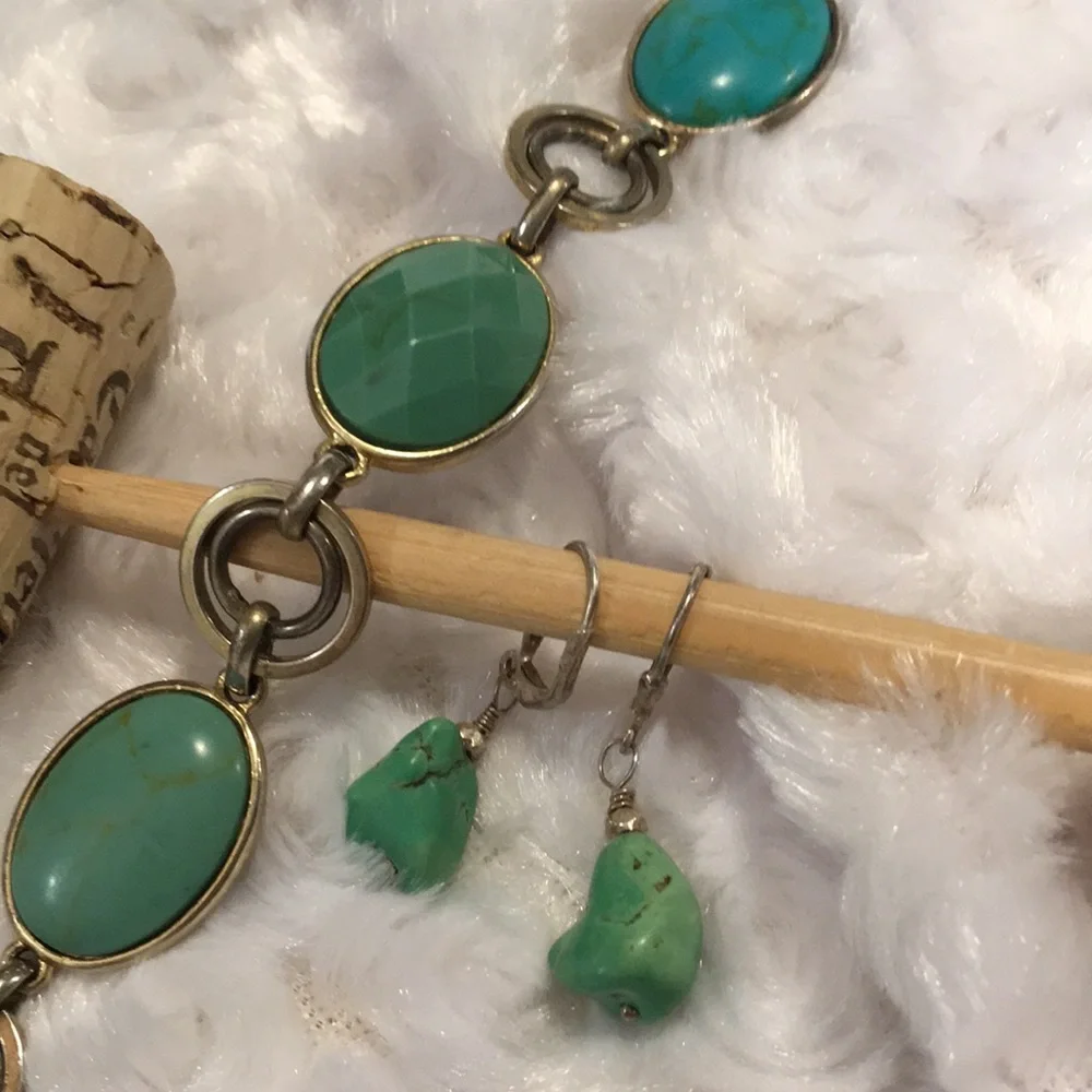 Cut stones link bracelet color aqua greens  bracelet w dangle matching earrings - Picture 3 of 13